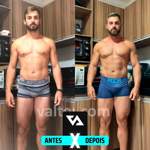 Antes e depois de emagrecimento e ganho de massa muscular com acompanhamento da ValTeam Fitness