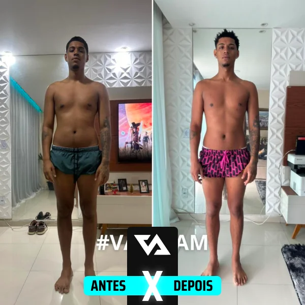 Antes e depois de emagrecimento e ganho de massa muscular com acompanhamento da ValTeam Fitness