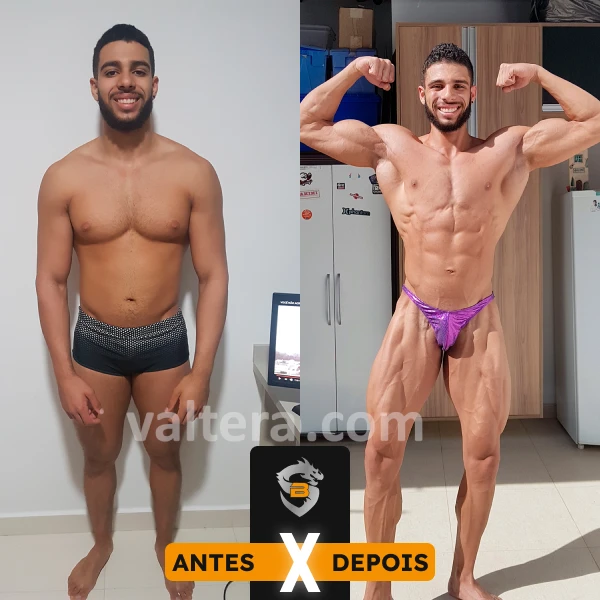 Antes e depois de emagrecimento e ganho de massa muscular com acompanhamento da ValTeam Fitness