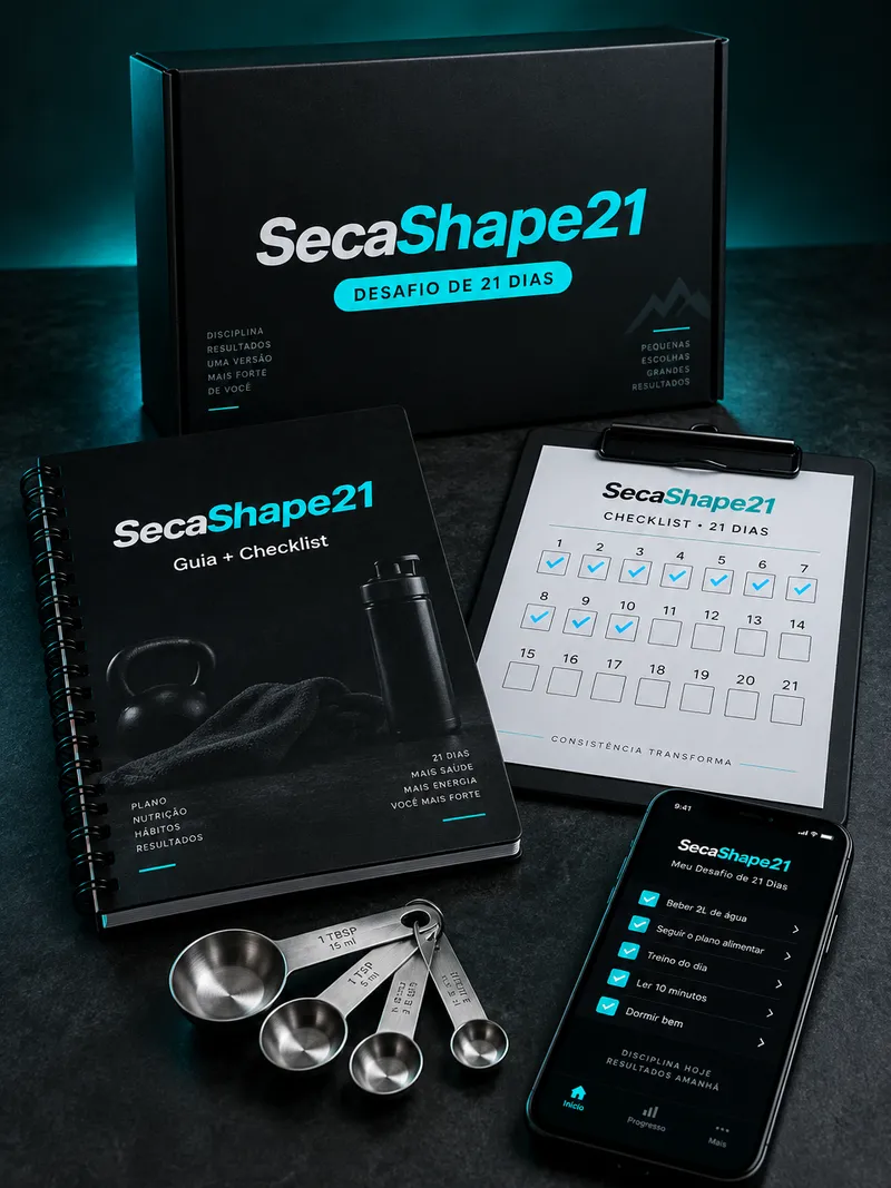 Kit SecaShape21: guia com checklist, checklist dos 21 dias, colheres medidoras e o desafio no celular